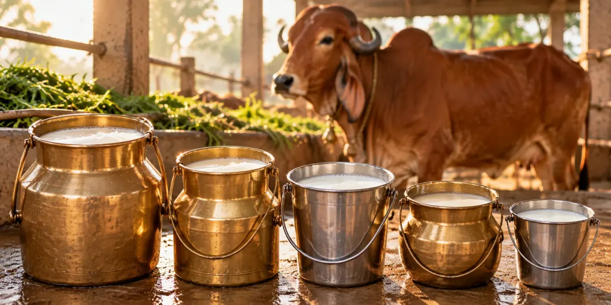 Brass and steel milk pails filled to different levels in front of a red desi cow