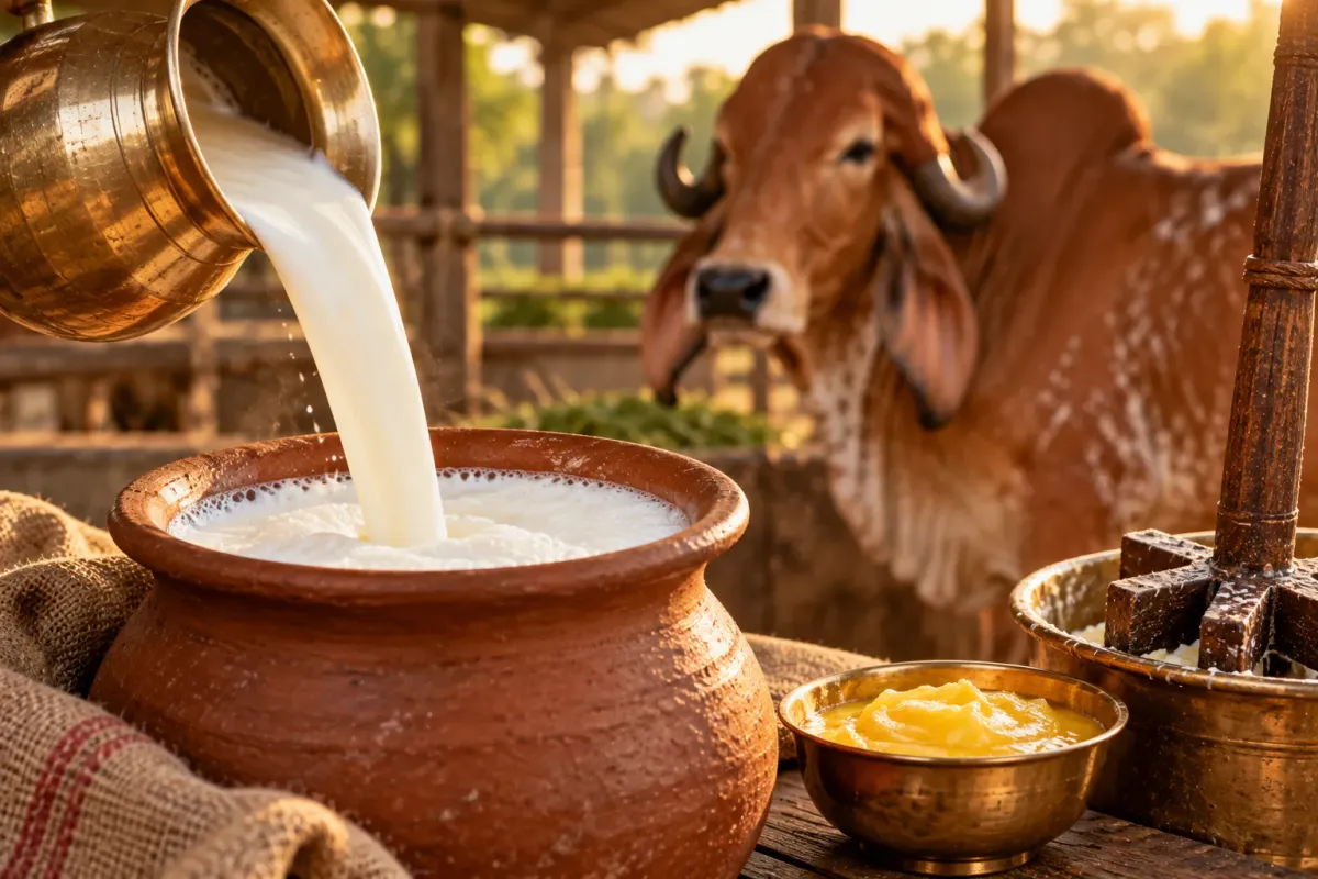 Fresh Gir cow milk poured from a brass pot into a clay pot, with golden ghee and a wooden bilona churner